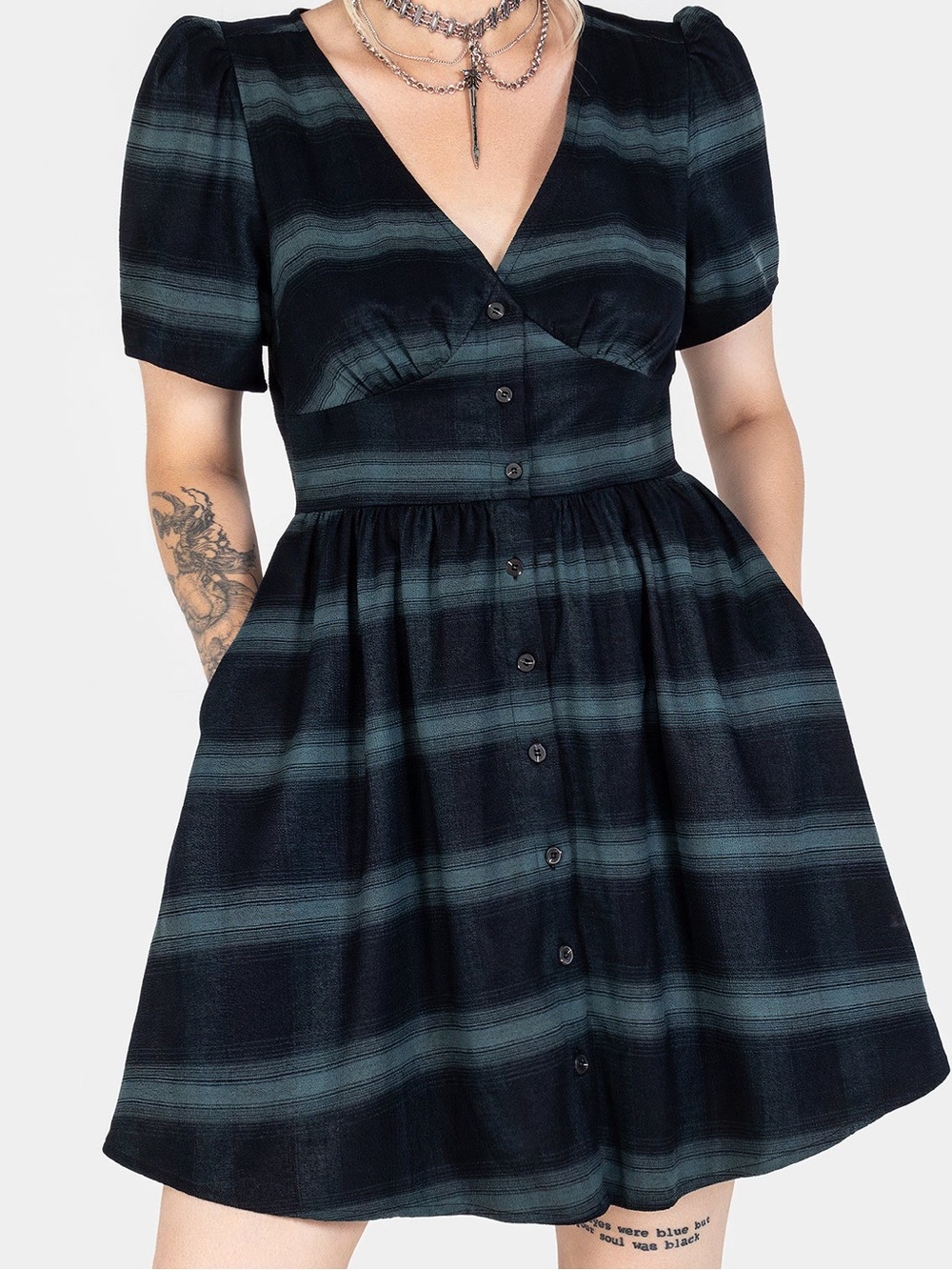 Disturbia Black and Green Checkered V-Neck Button Dress